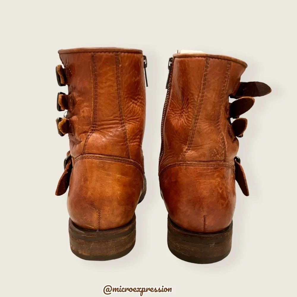 $389 Veronica Short Belted Cognac Leather Fringe Moto Vintage Combat Ankle Boot - Picture 11 of 16